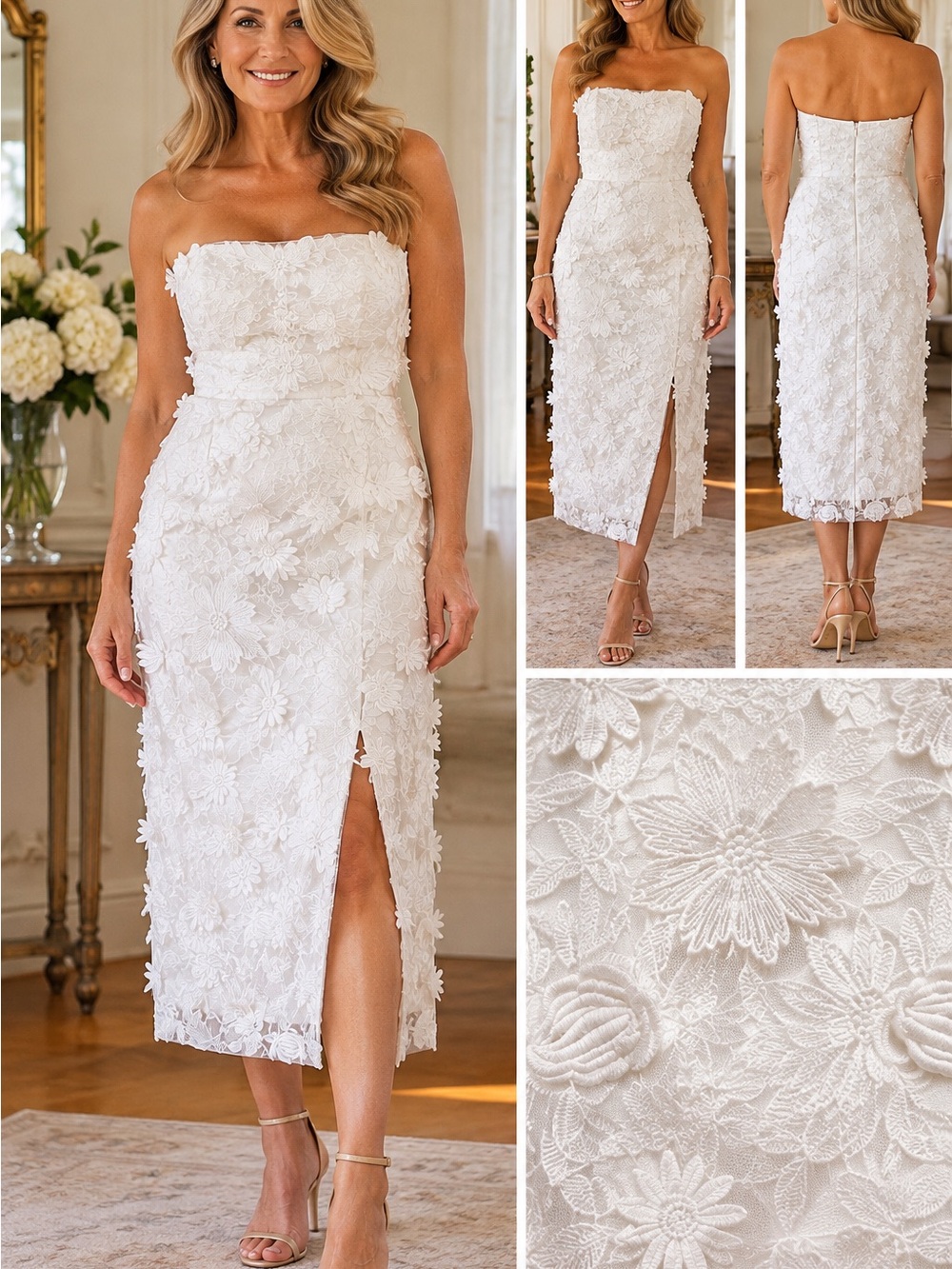 Lulu's White Strapless Floral Lace Midi Dress